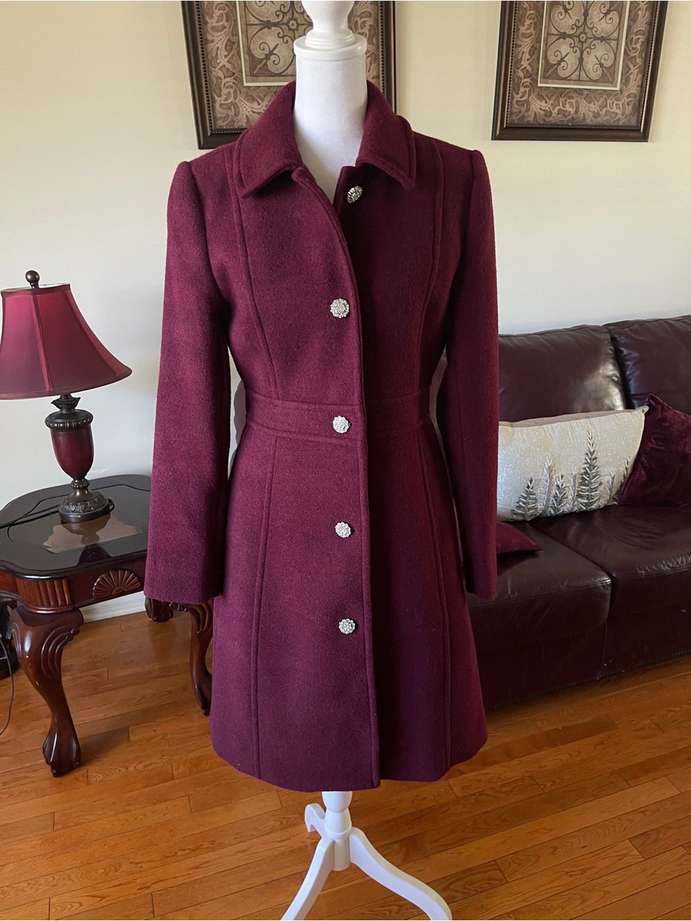 J.Crew Burgundy Wool Blend Crystal Button Peacoat Women’s Size 2